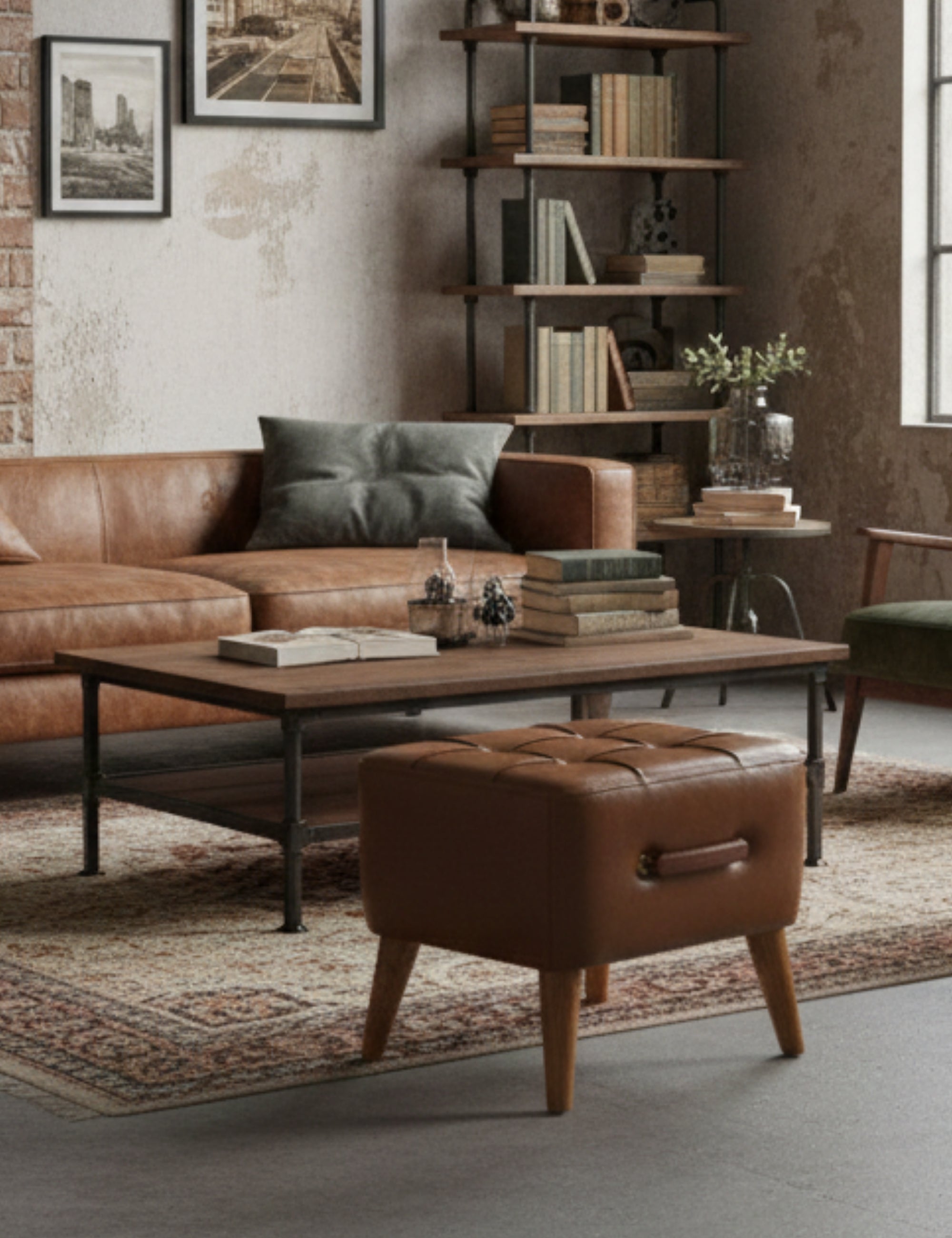 Ottocase Nostaljik El Yapımı Kapitone Deri Puf - Kahverengi