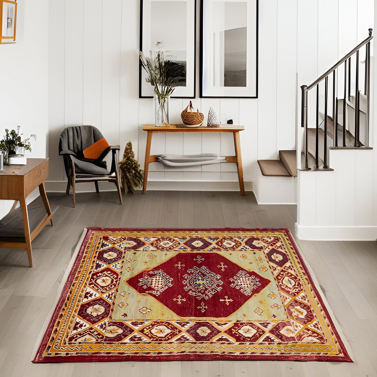 Palas Etnik Desenli El Dokuma Yün Tülü Halı 141x169 cm-Kilim & Halı-Soho Antiq-NowShopFun