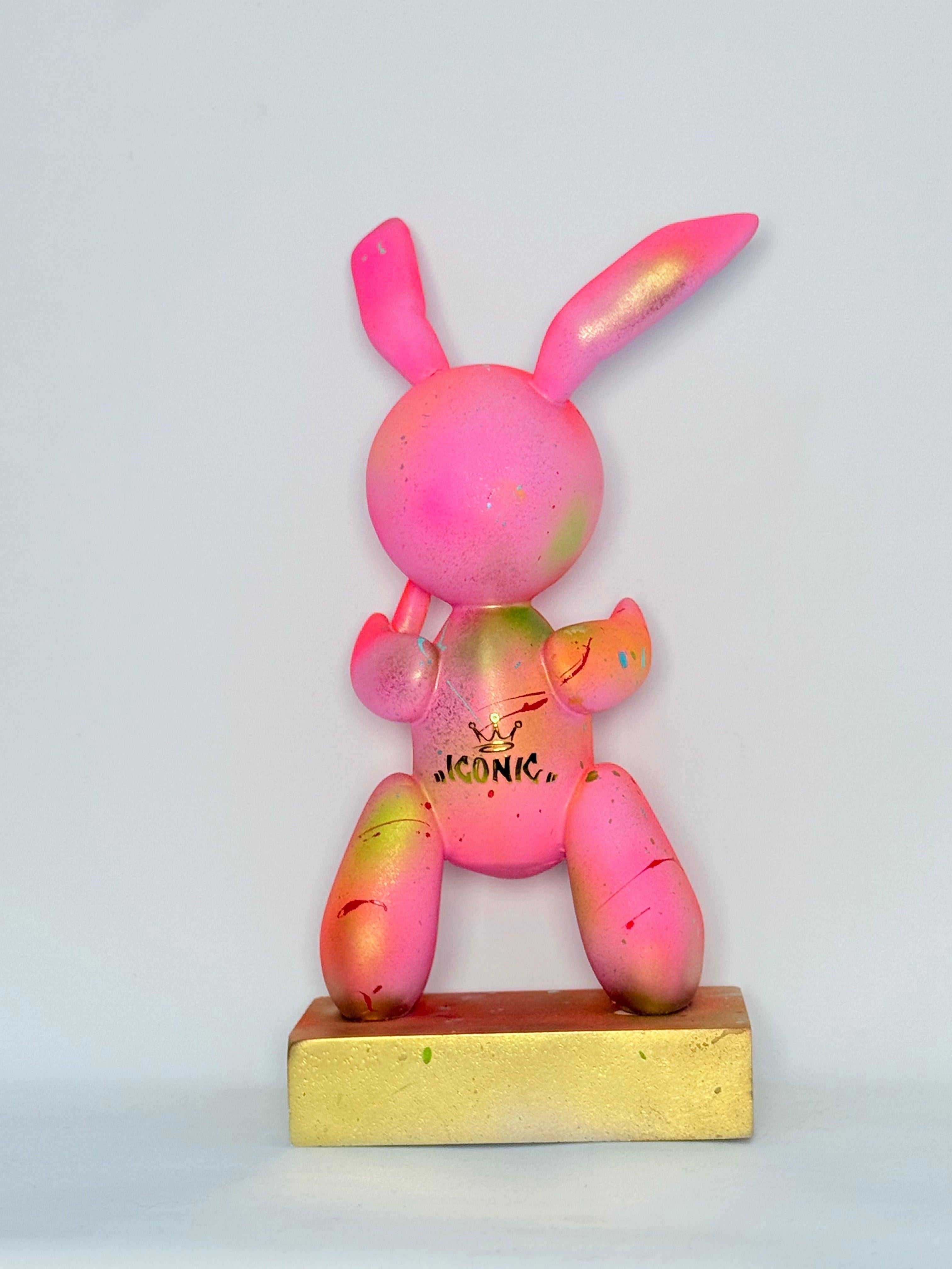 Pembe Balon Tavşan Heykeli | Neon & Gold Detaylı Pop Art Tasarım-Heykel-And Iconic Art Store-NowShopFun