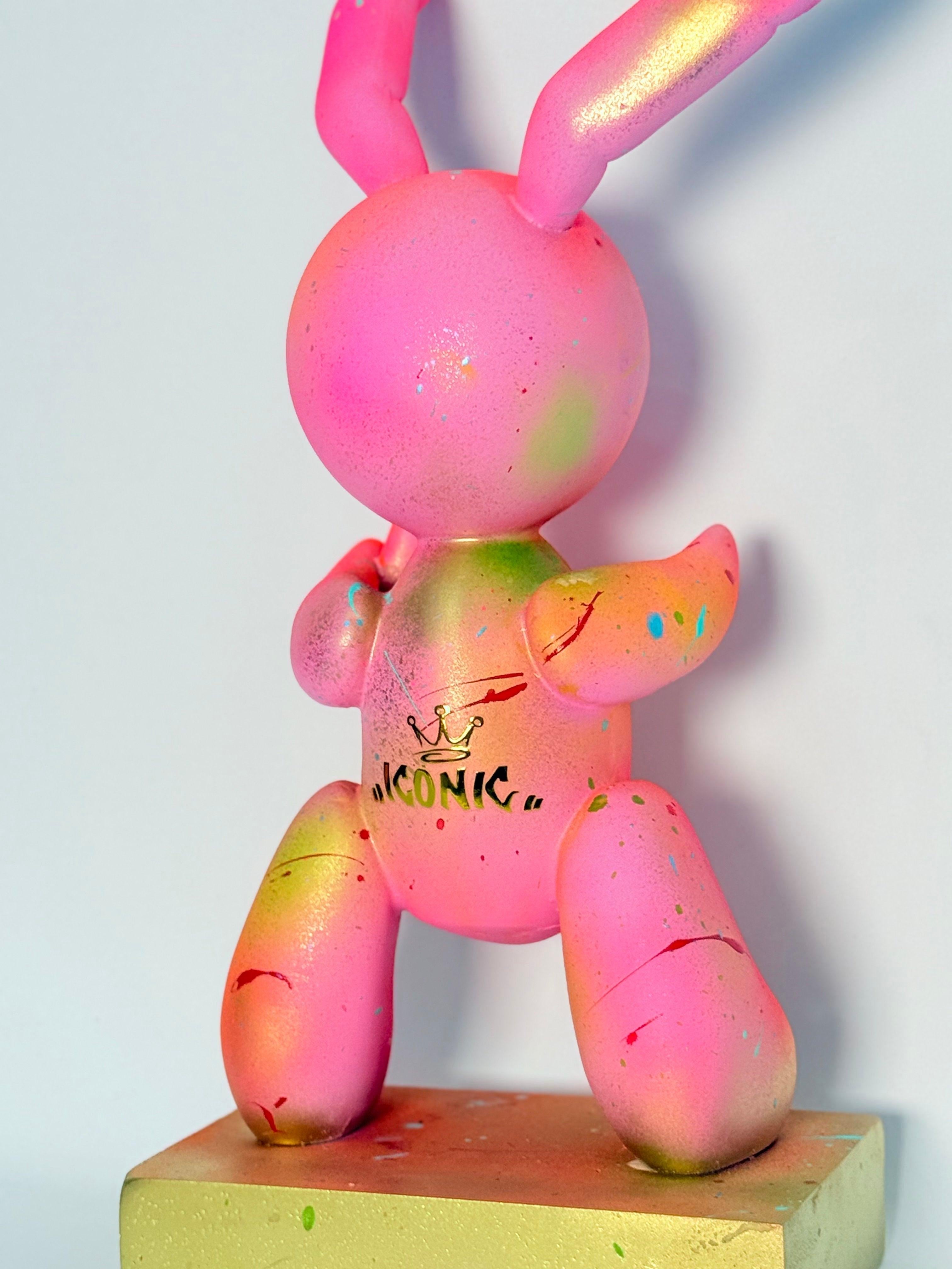 Pembe Balon Tavşan Heykeli | Neon & Gold Detaylı Pop Art Tasarım-Heykel-And Iconic Art Store-NowShopFun