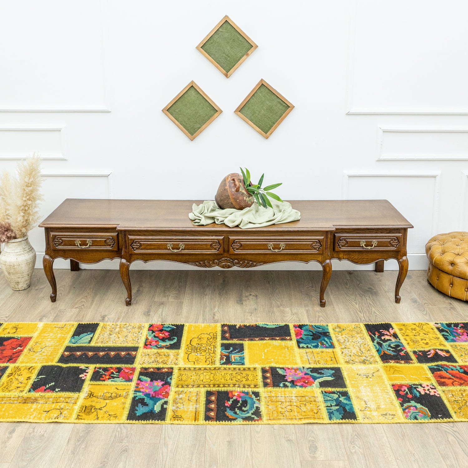 Prunus Karabağ Kilim Parçalı Sarı Patchwork Yolluk 81x309 cm