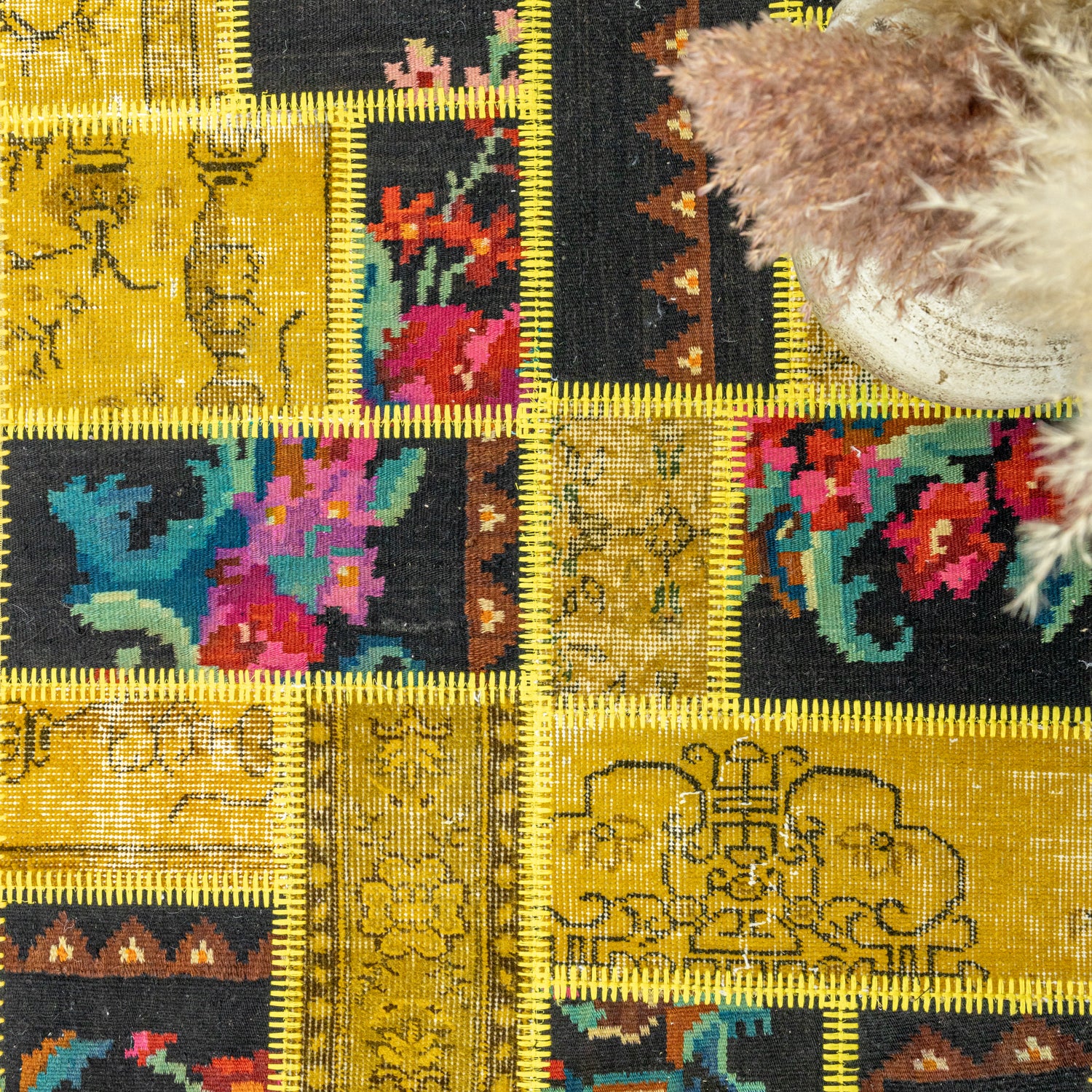 Prunus Karabağ Kilim Parçalı Sarı Patchwork Yolluk 81x309 cm