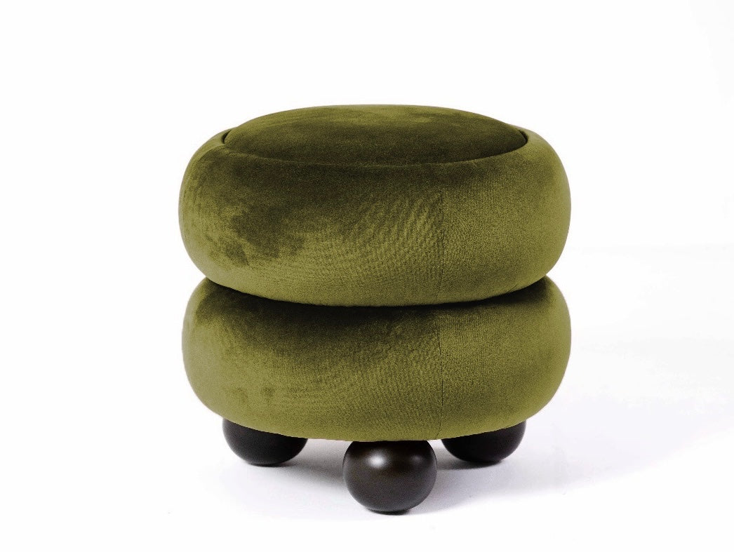 Scala Yeşil Katmanlı Masif Top Ayaklı Kadife Puf