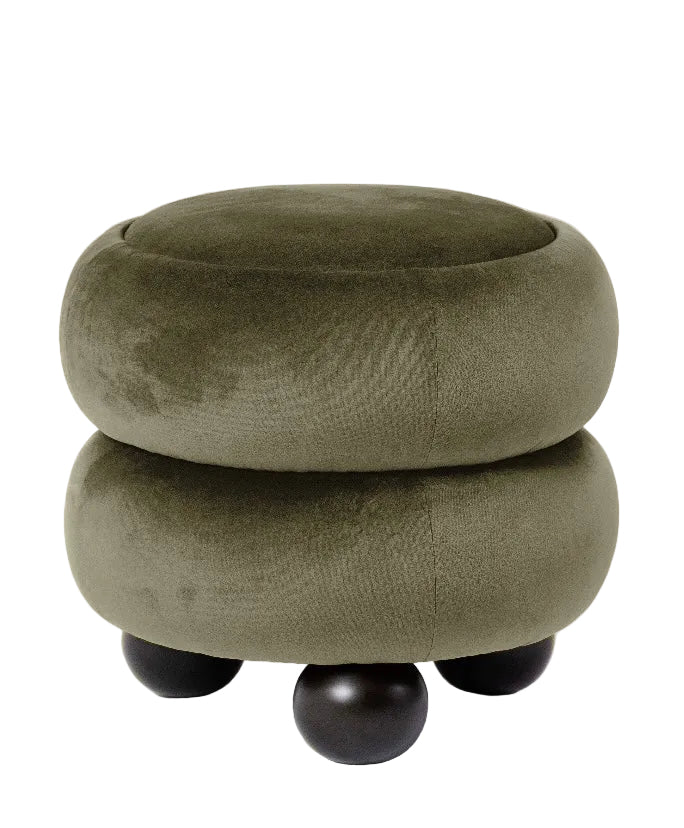 Scala Yosun Yeşili Katmanlı Masif Ceviz Top Ayaklı Kadife Puf