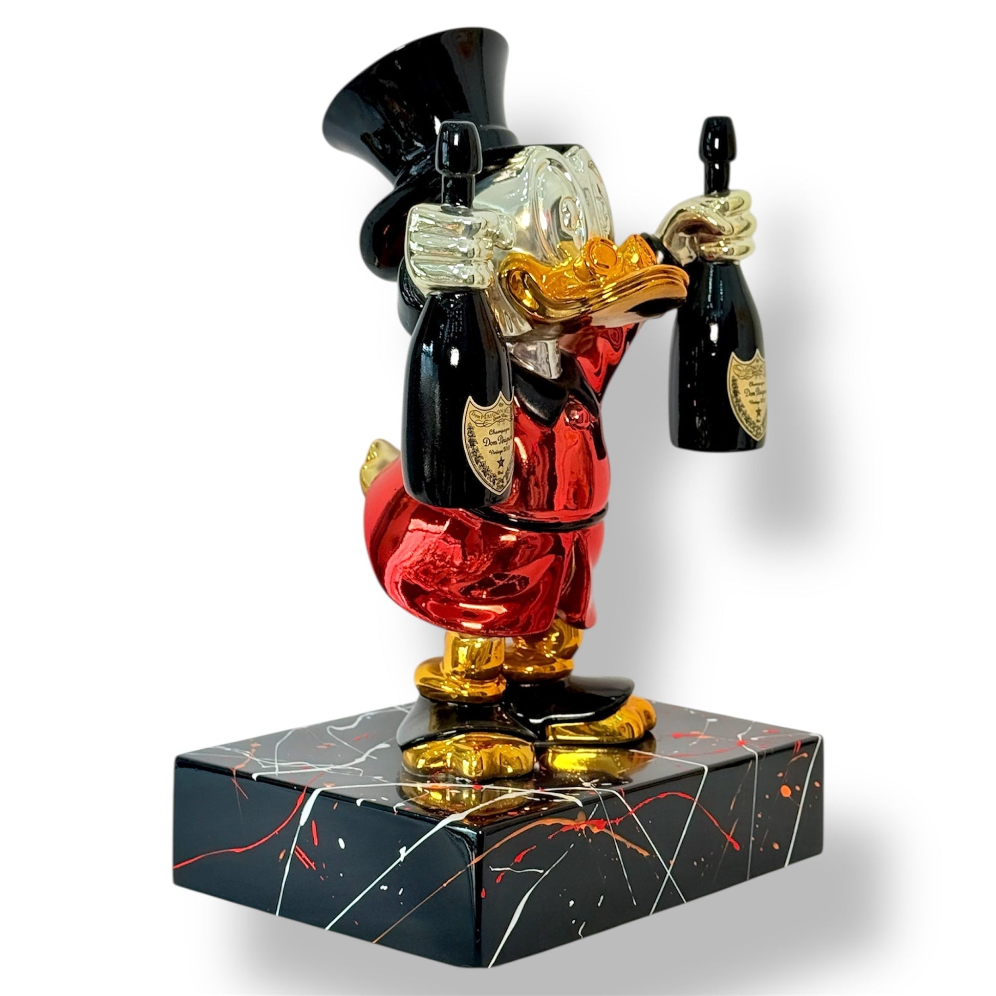 Scrooge Mcduck Şampanya Heykeli | Kırmızı, Altın & Gümüş Krom Tasarım