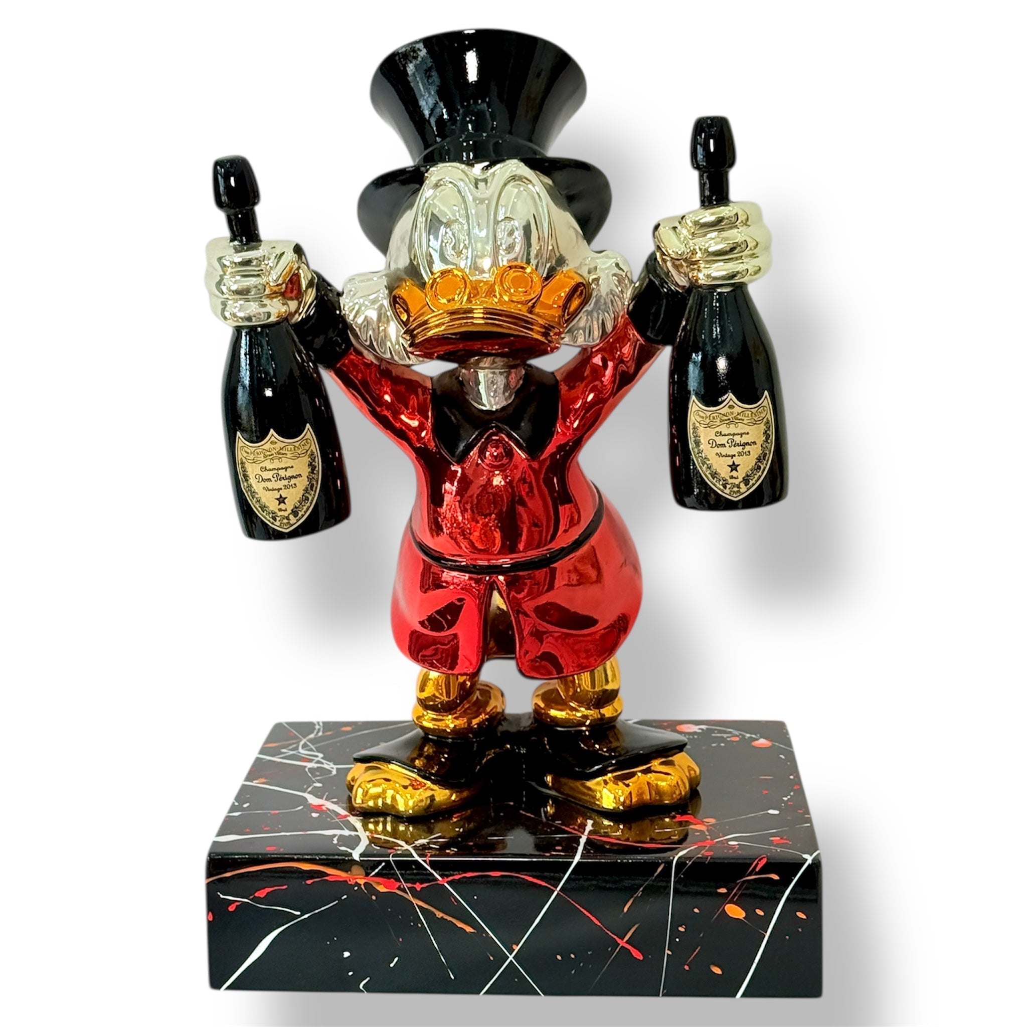 Scrooge Mcduck Şampanya Heykeli | Kırmızı, Altın & Gümüş Krom Tasarım