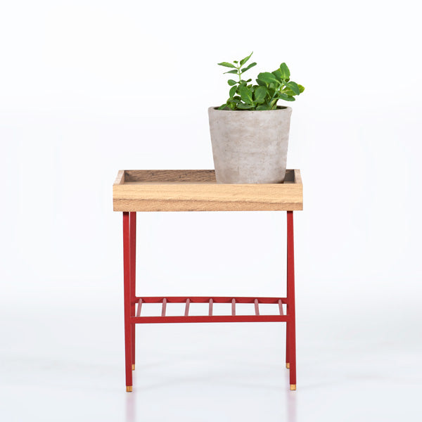 Edge Saksılık / Yan Sehpa, Meşe Kare Bej Tablalı, Metal Ayaklı, Kısa