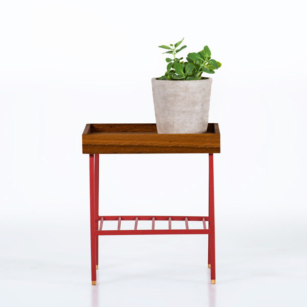 Edge Saksılık / Yan Sehpa, Meşe Kare Bej Tablalı, Metal Ayaklı, Kısa