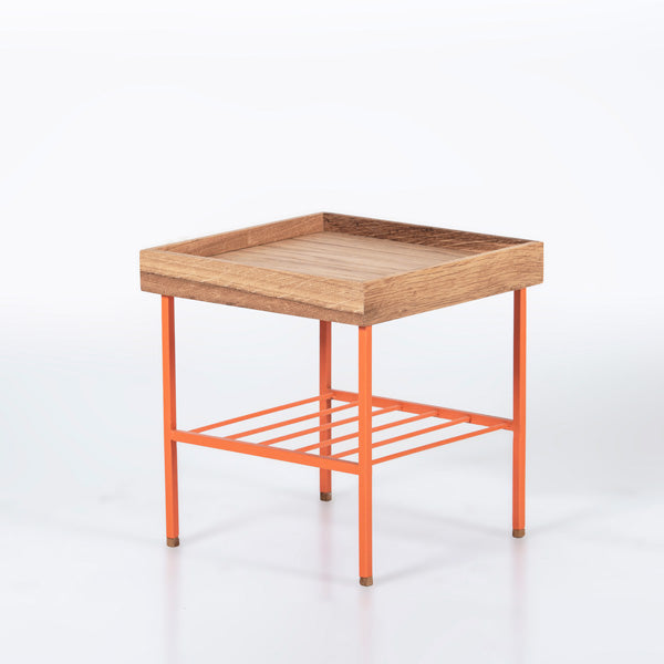 Edge Saksılık / Yan Sehpa, Meşe Kare Bej Tablalı, Metal Ayaklı, Kısa