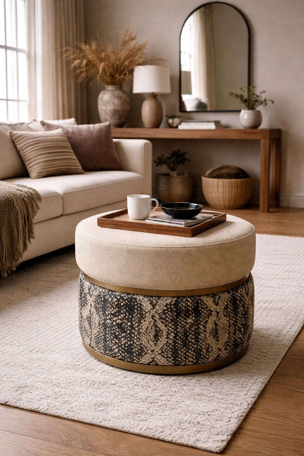 Serpente Jakarlı Şönil Yuvarlak Puf