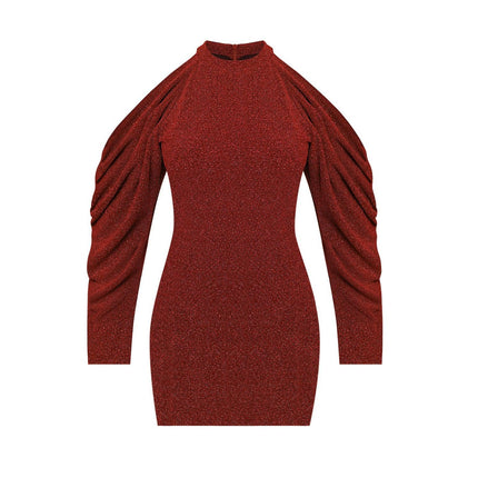 Simmi Uzun Kollu Omuz Dekolteli Kısa Boy Işıltılı Parlak Kırmızı Abiye Elbise-Elbise-ESOTTE-XS-NowShopFun