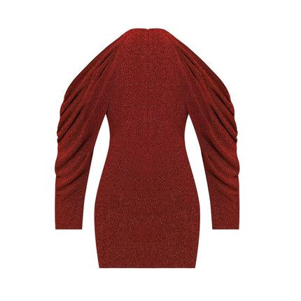 Simmi Uzun Kollu Omuz Dekolteli Kısa Boy Işıltılı Parlak Kırmızı Abiye Elbise-Elbise-ESOTTE-XS-NowShopFun