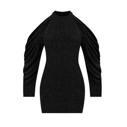 Simmi Uzun Kollu Omuz Dekolteli Kısa Boy Işıltılı Parlak Siyah Abiye Elbise-Elbise-ESOTTE-XS-NowShopFun