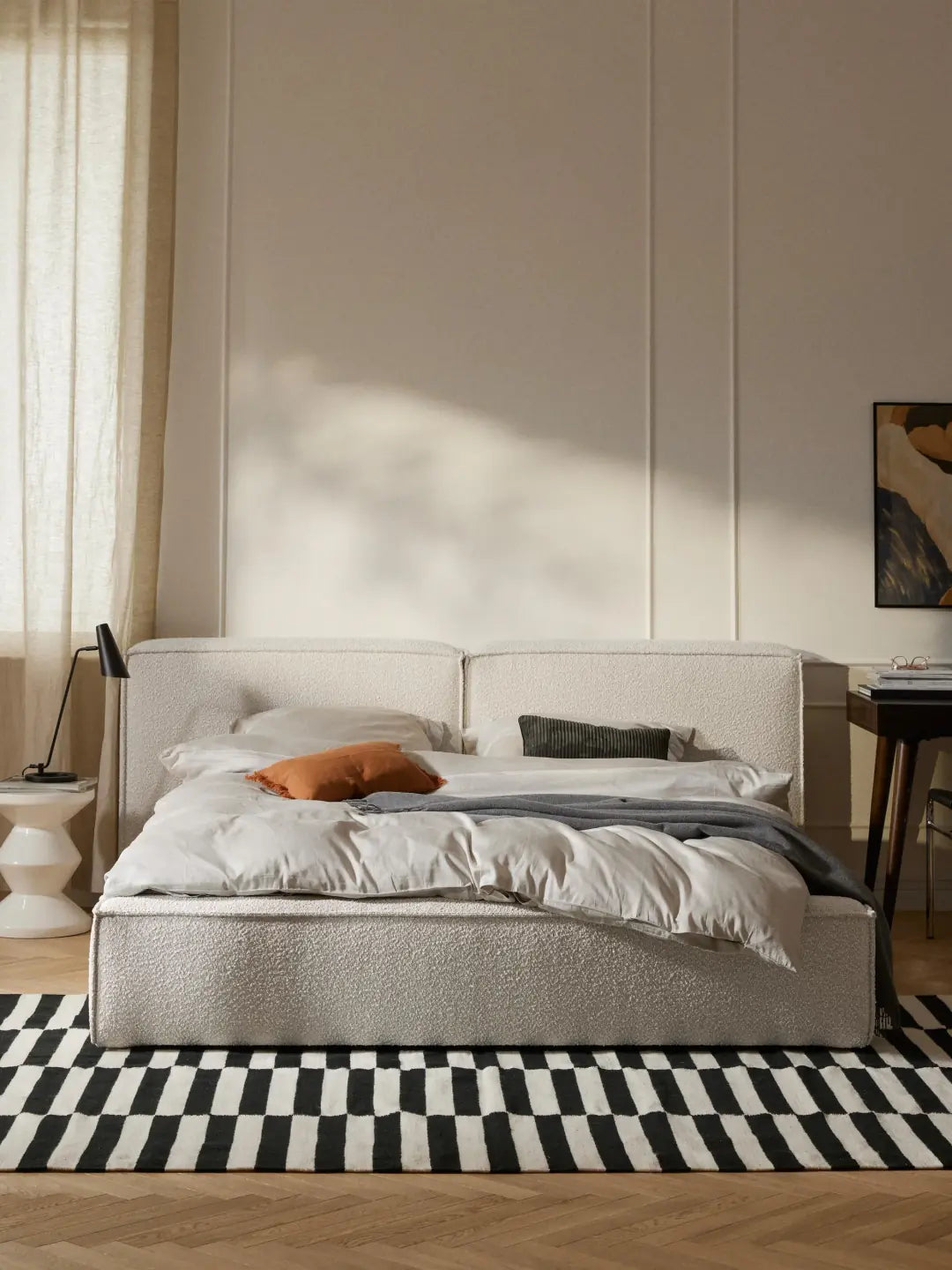 Soft Çift Kişilik Bukle Kumaş Döşemeli Karyola-Karyola-Innature Home-Açık Bej-180x200-NowShopFun