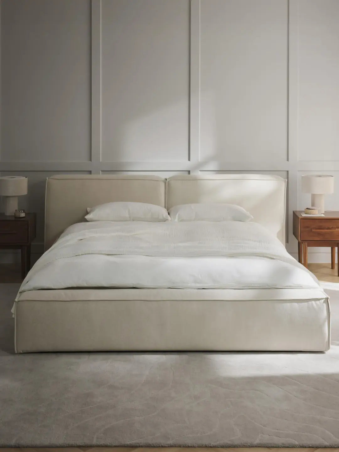 Soft Keten Kumaş Çift Kişilik Döşemeli Karyola-Karyola-Innature Home-Bej-180x200-NowShopFun