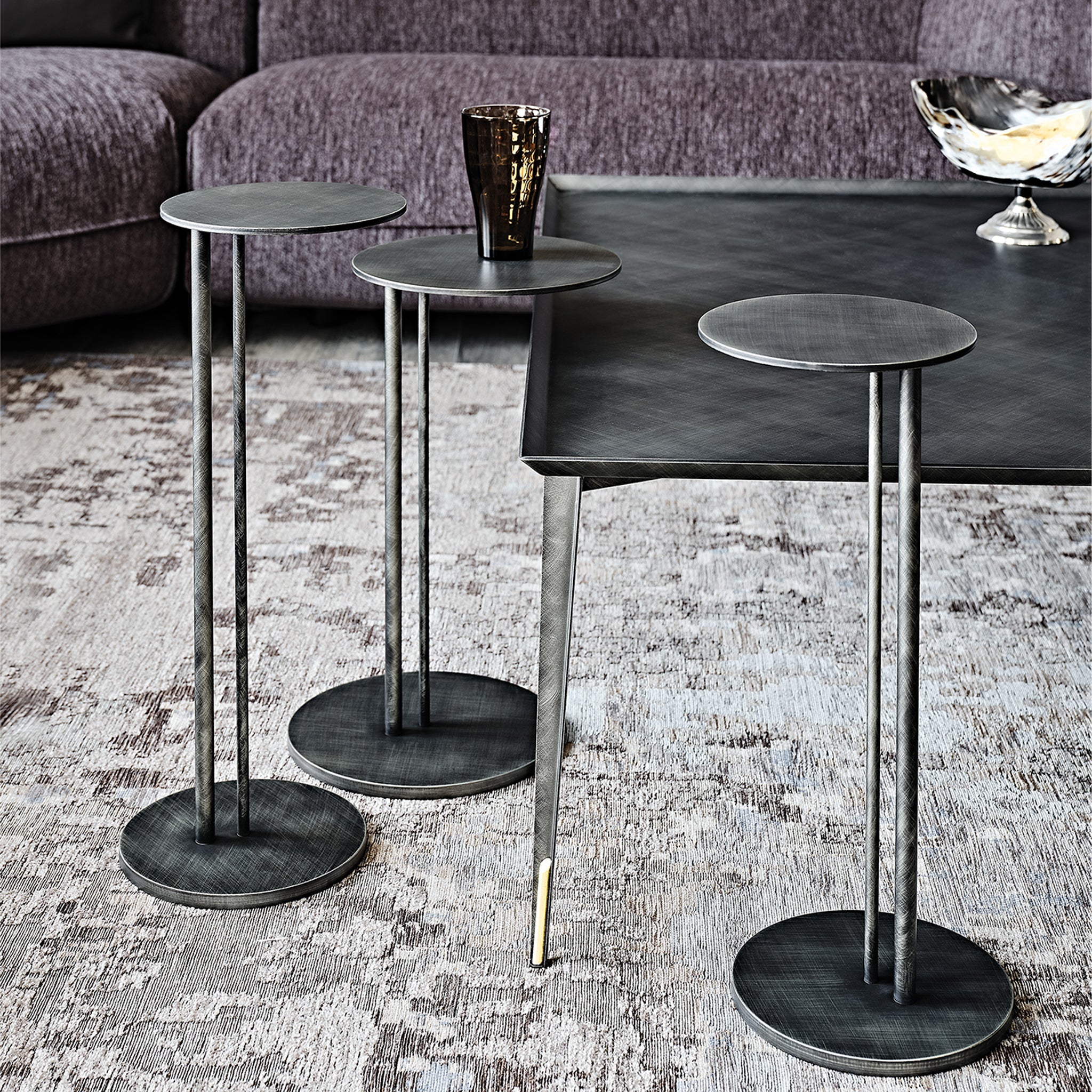 Sting Fırça Darbeli Gri Çelik 3'lü Yan Sehpa Takımı-Sehpa-Cattelan Italia-NowShopFun