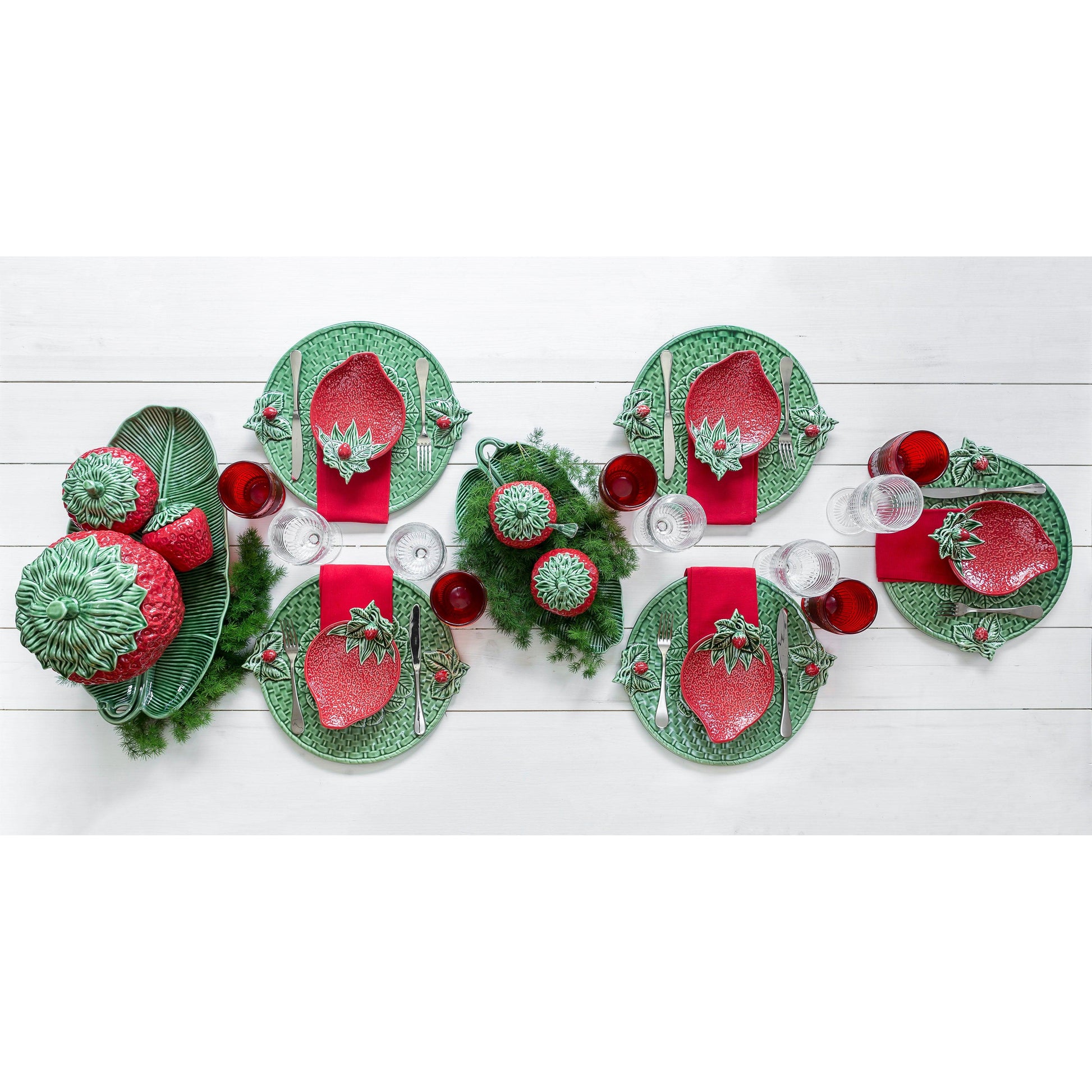 Strawberries Çilekli Yeşil Seramik Servis Tabağı