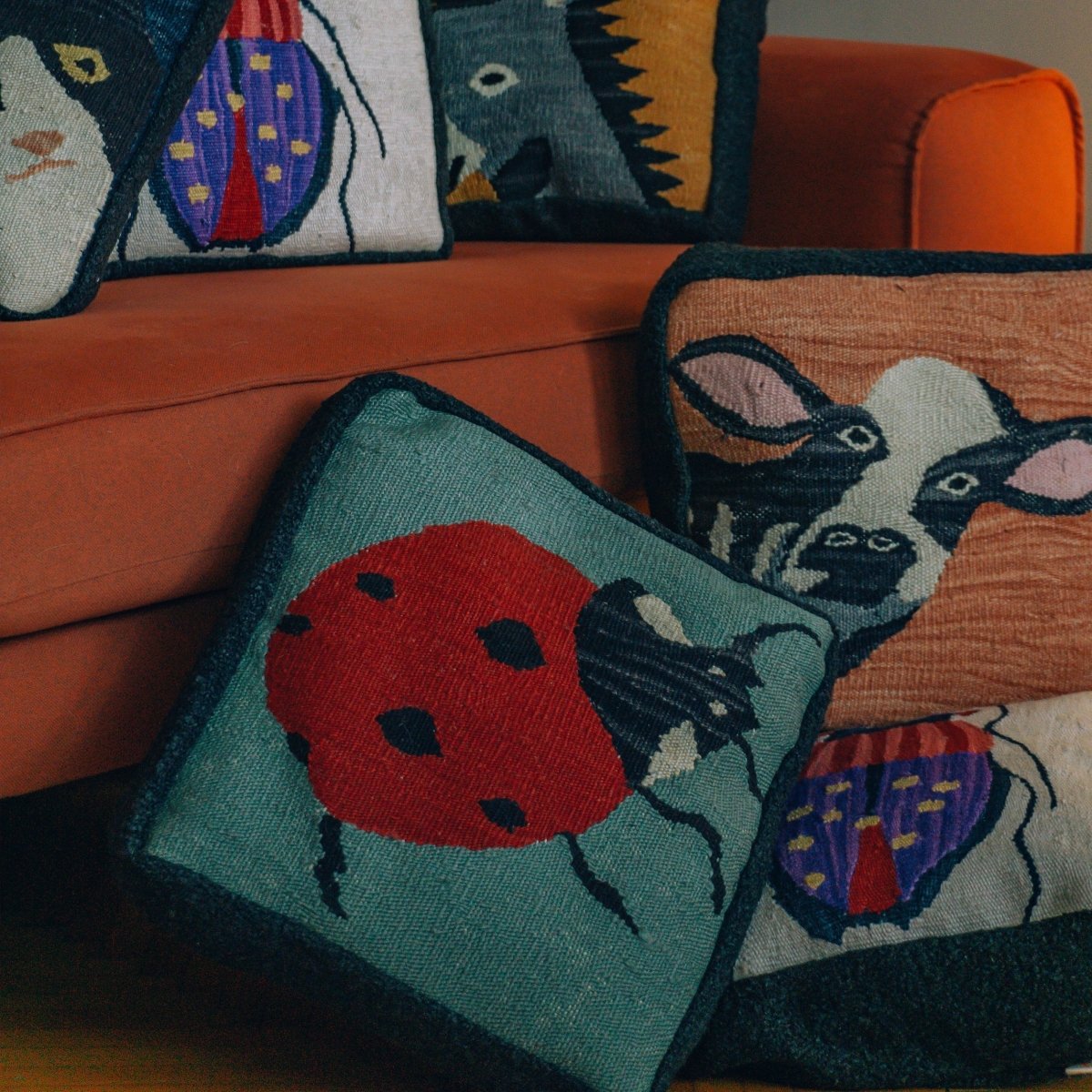 Ladybug Hand Woven Throw Pillow