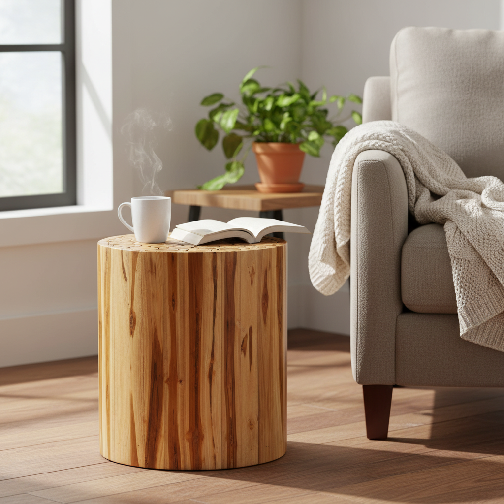 Tabure Teak Silindir Form Drift Ahşap