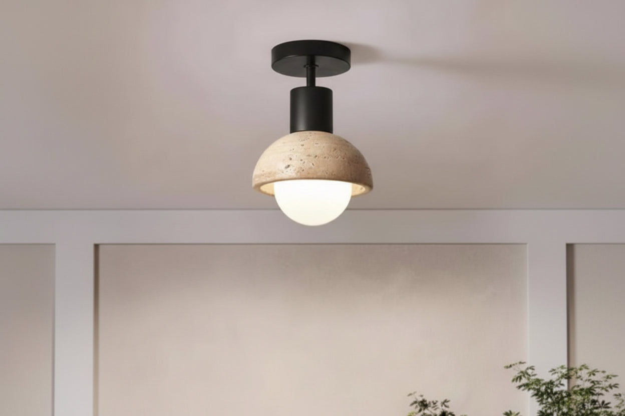 Traverten Camlı Plafonyer Avize