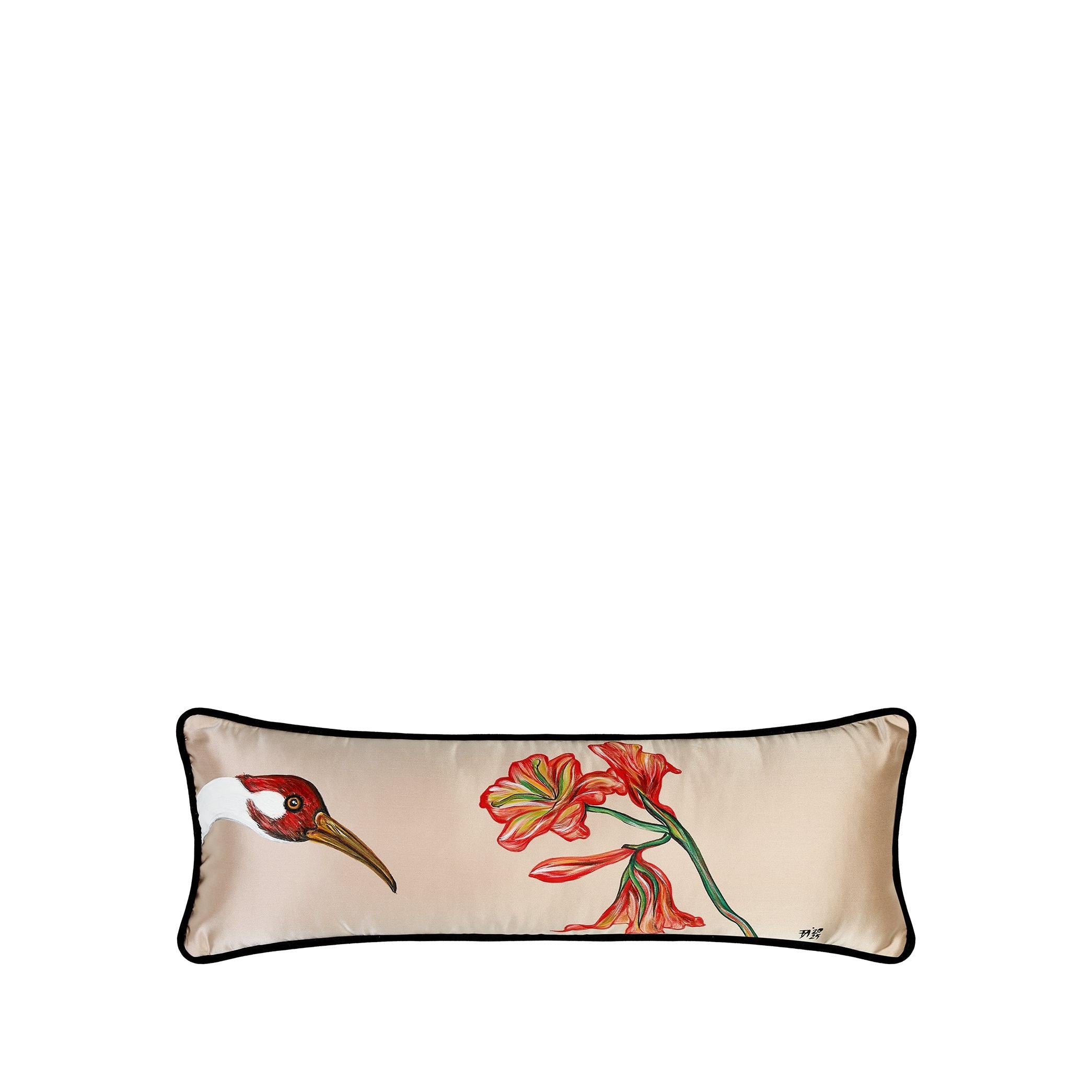 Turna ve Çiçek Koyu Bej El Boyaması İpek Kırlent 25 x 65 cm-Yastık & Kırlent-ALPAQ STUDIO-NowShopFun