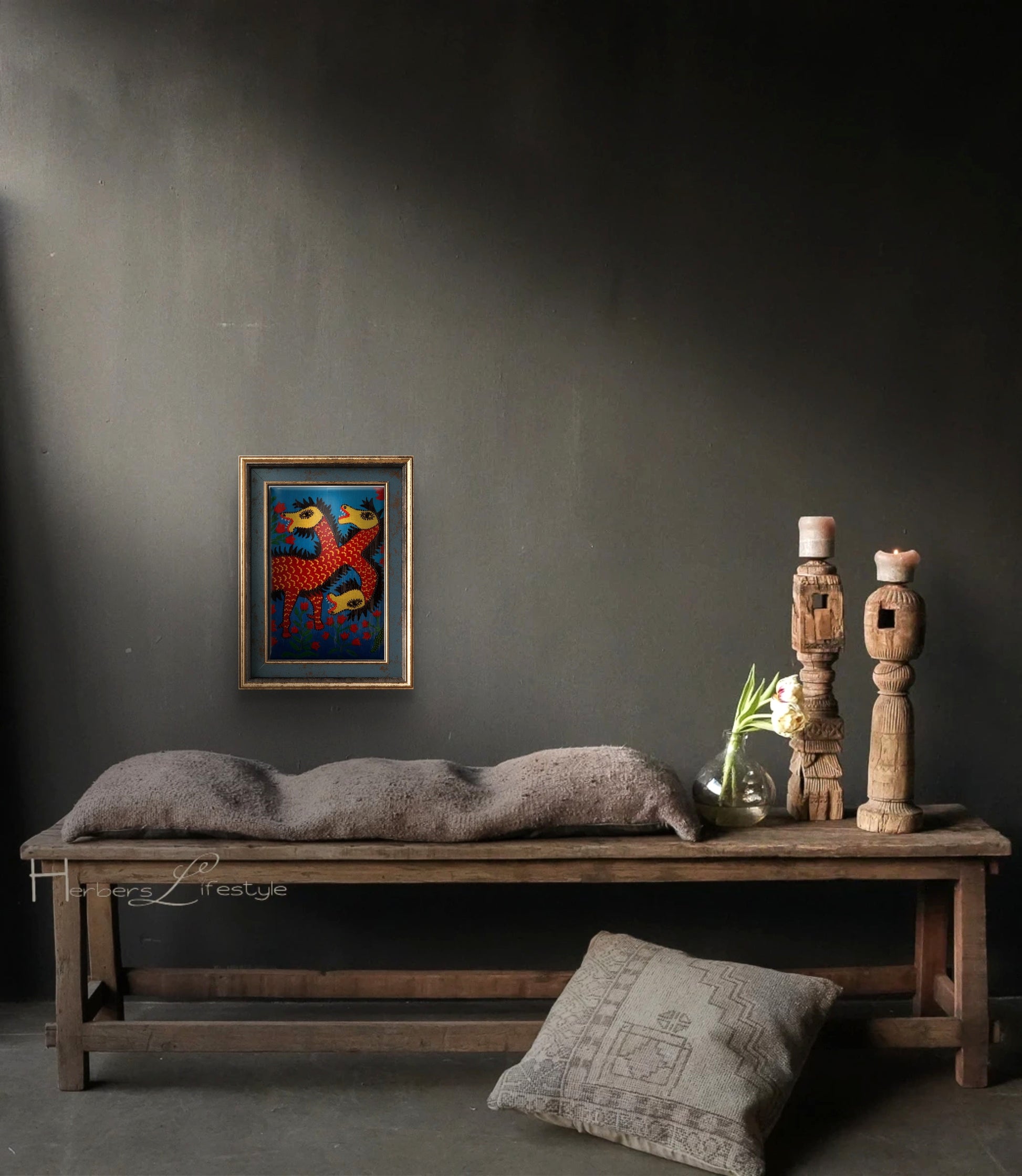 Üç Başlı Ejderha Tablo El Yapımı Ahşap Üzerine Akrilik Duvar Dekoru