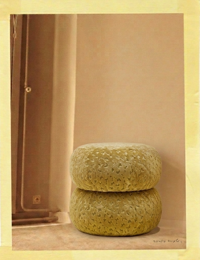 Velvet Bubble, Bulut Desenli Kabartmalı Puf/Yan Sehpa-Sarı