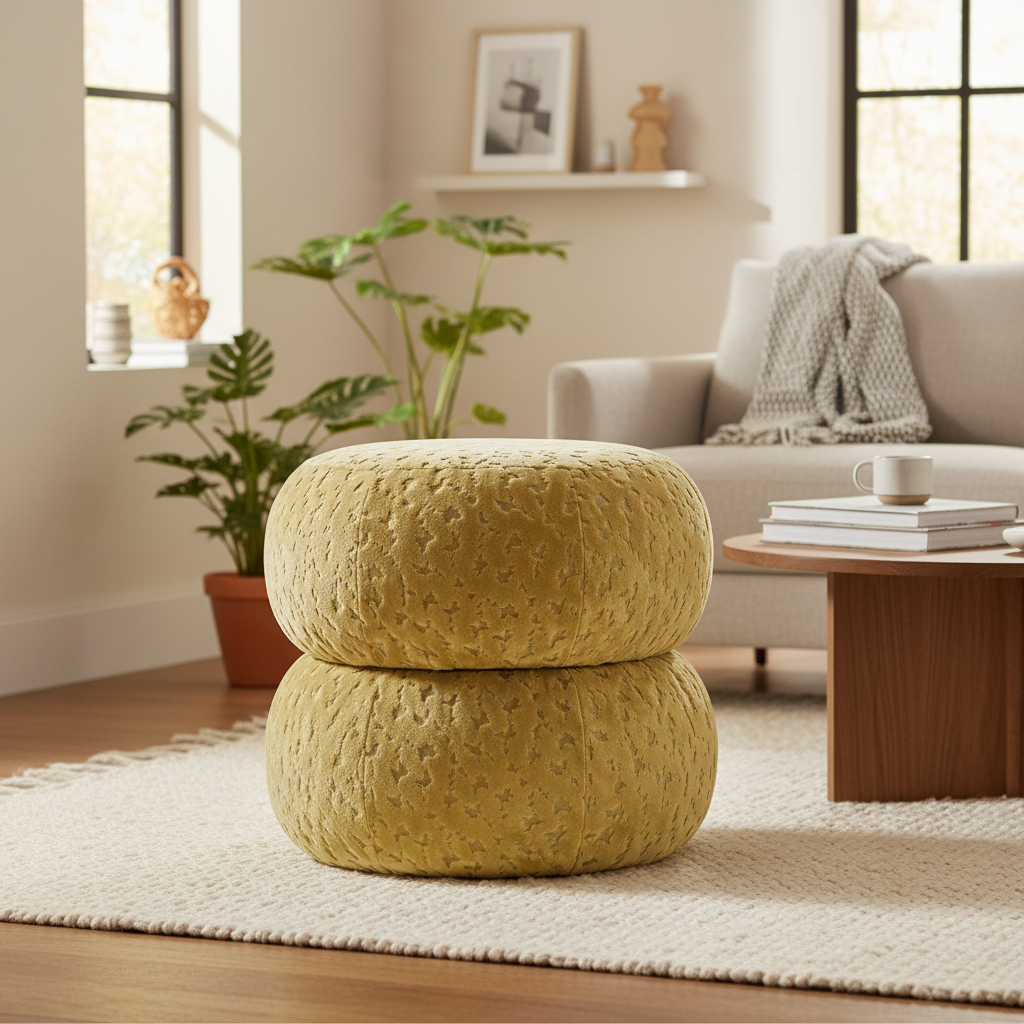 Velvet Bubble, Bulut Desenli Kabartmalı Puf/Yan Sehpa-Sarı