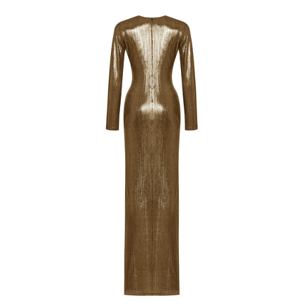 Veronica V Dekolteli Kruvaze Yırtmaç Detaylı Parlak Uzun Gold Abiye Elbise-Elbise-ESOTTE-XS-NowShopFun