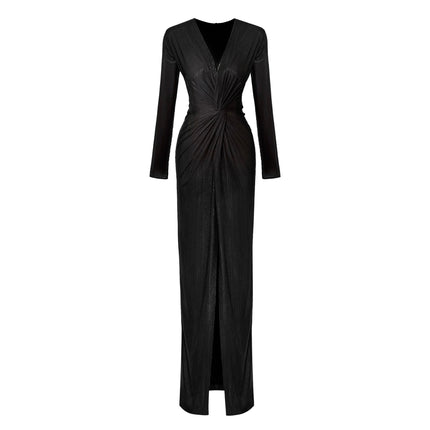 Veronica V Dekolteli Kruvaze Yırtmaç Detaylı Parlak Uzun Siyah Abiye Elbise-Elbise-ESOTTE-XS-NowShopFun