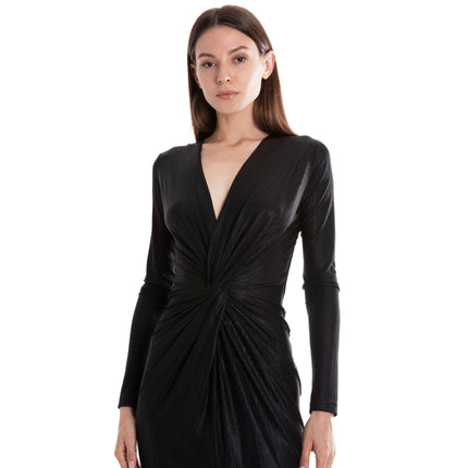 Veronica V Dekolteli Kruvaze Yırtmaç Detaylı Parlak Uzun Siyah Abiye Elbise