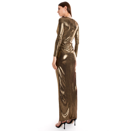 Veronica V Dekolteli Kruvaze Yırtmaç Detaylı Parlak Uzun Gold Abiye Elbise