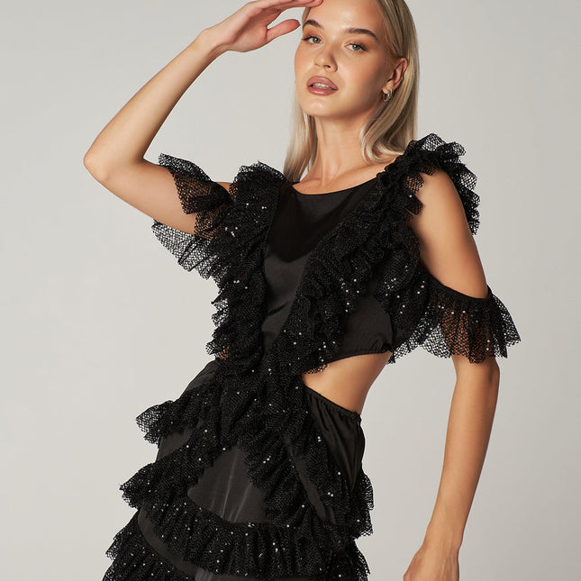 Viva Siyah Pullu Fırfırlı Mini Elbise-Elbise-PETRA PETROVA-XS-NowShopFun
