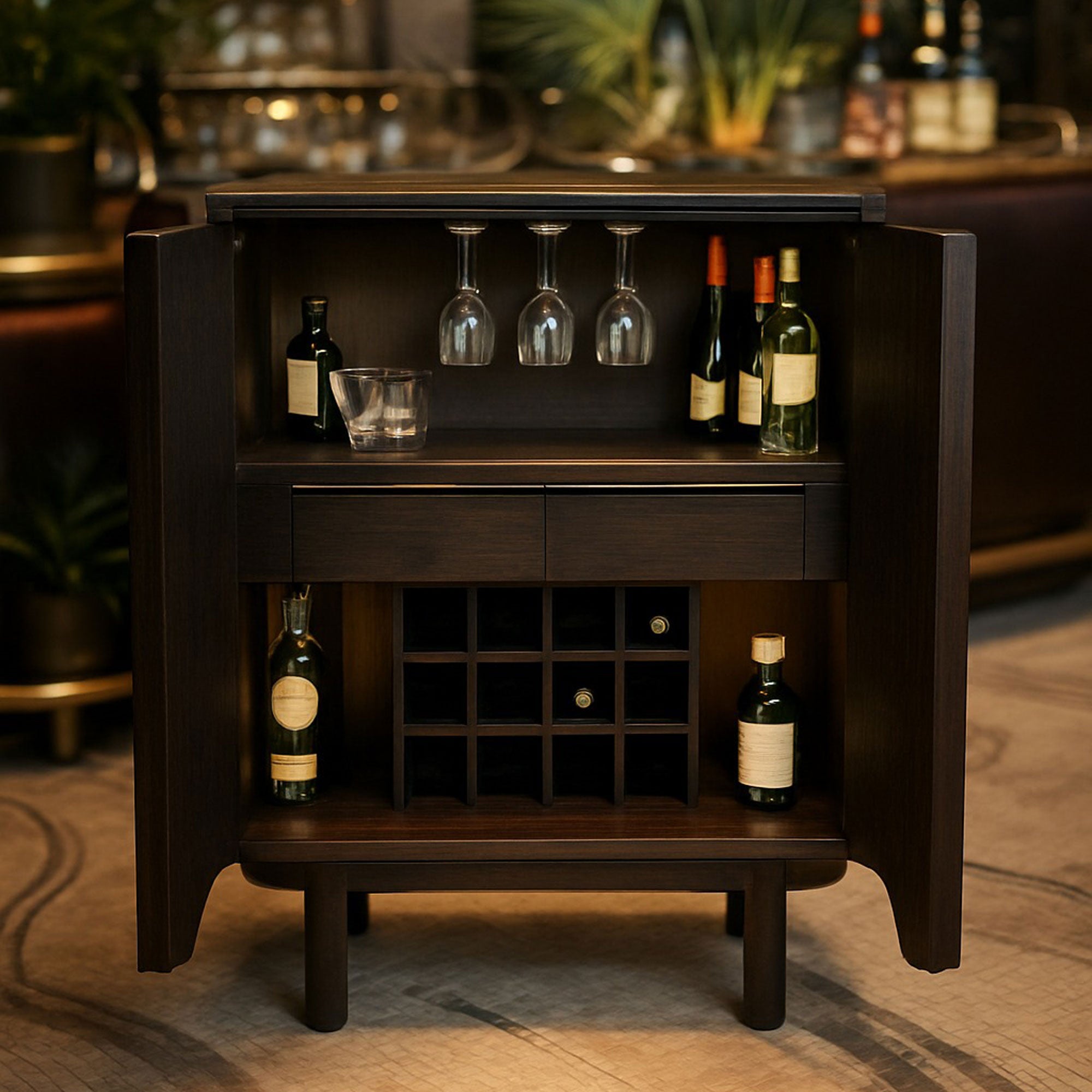 DOCIA Bar / Beverage / Cocktail Cabinet, Oak, Slatted