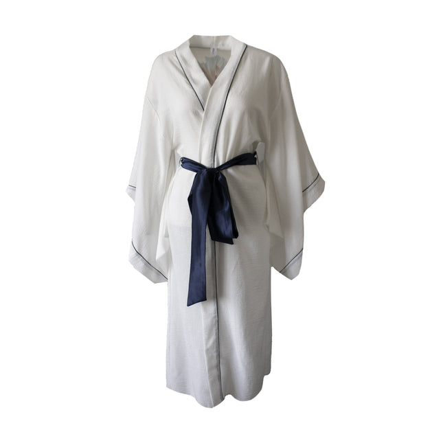 Beyaz Renk %100 Ham Keten Lacivert Biyeli Kare Kol Kimono Sabahlık