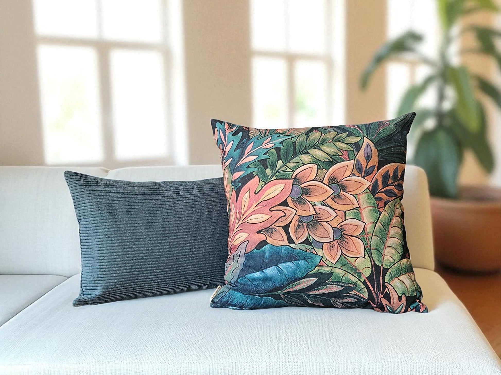 Yeşil & Pembe Çiçekli Yastık Kılıfı