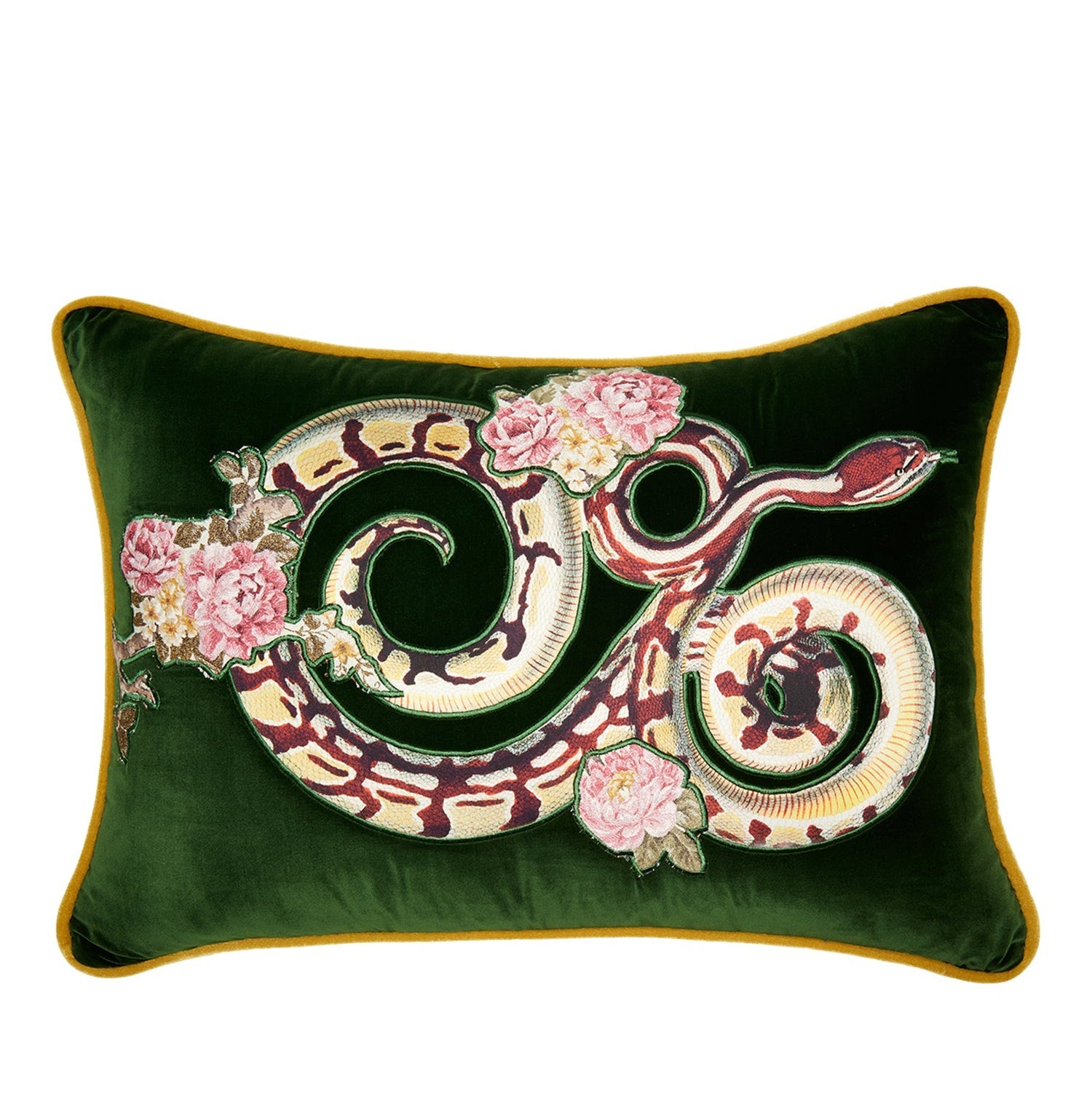 Yılan Ve Çiçek Aplike Kadife Kırlent