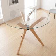 Kelebek Yuvarlak Temperli Cam Masa – 3 Ayaklı-Yemek Masası-Furnirem-Natural-96 cm-NowShopFun