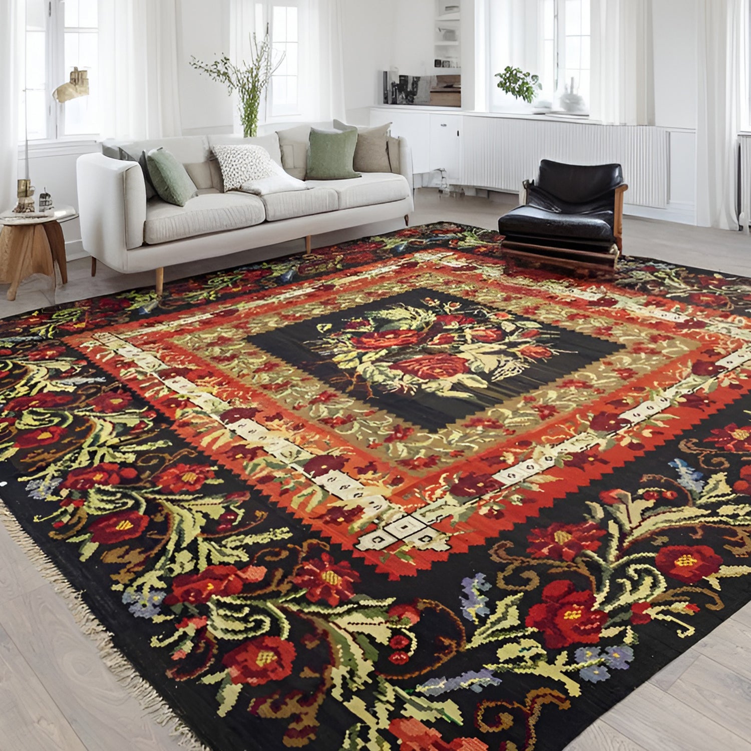 Zemfira Çiçek Desenli El Dokuma Büyük Karabağ Kilimi 470x476 cm-Kilim & Halı-Soho Antiq-NowShopFun