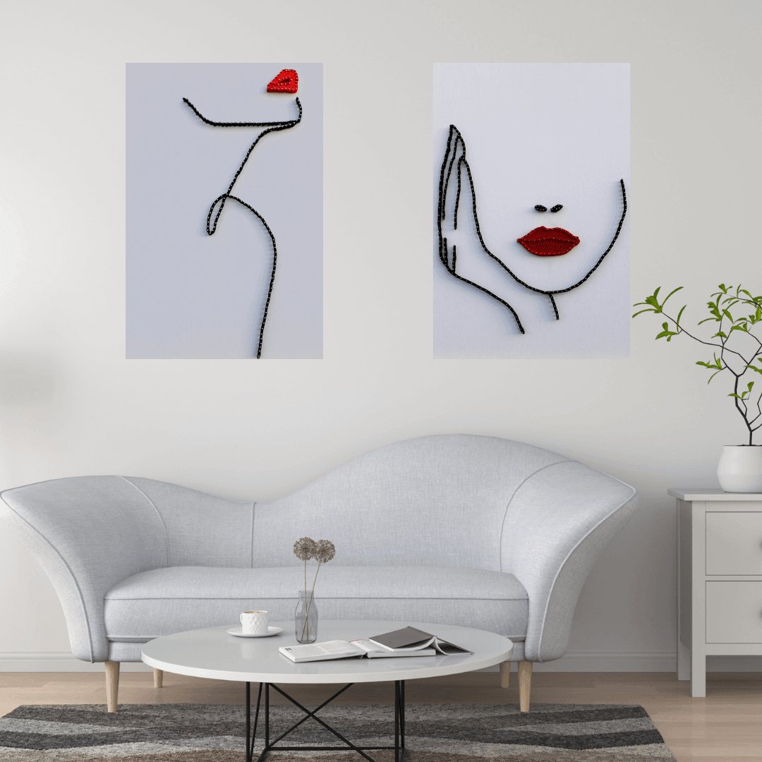 1çivi - String Art & One Line Art Tablo - 2'li set Red Lips & Confident - Tablo