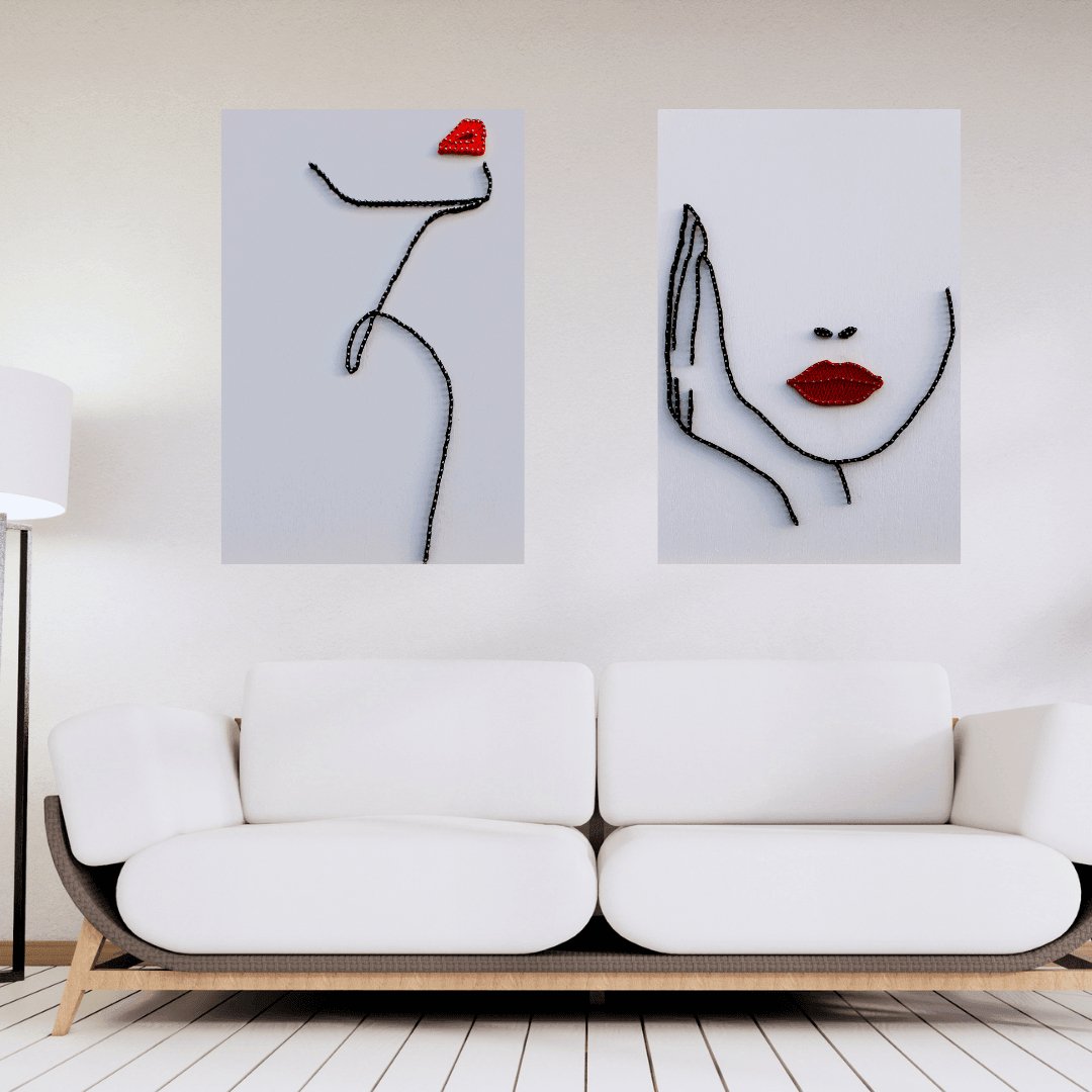 String Art & One Line Art Tablo - 2'li set Red Lips & Confident