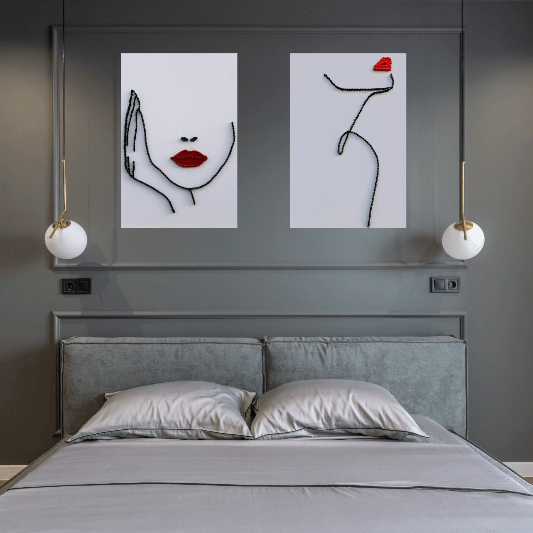 String Art & One Line Art Tablo - 2'li set Red Lips & Confident