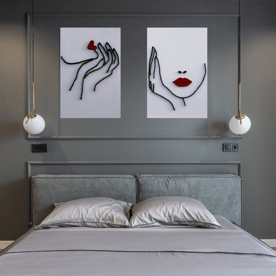 1çivi - String Art & One Line Art Tablo - 2'li set Red Lips & Kiss - Tablo