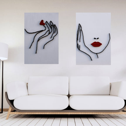 1çivi - String Art & One Line Art Tablo - 2'li set Red Lips & Kiss - Tablo