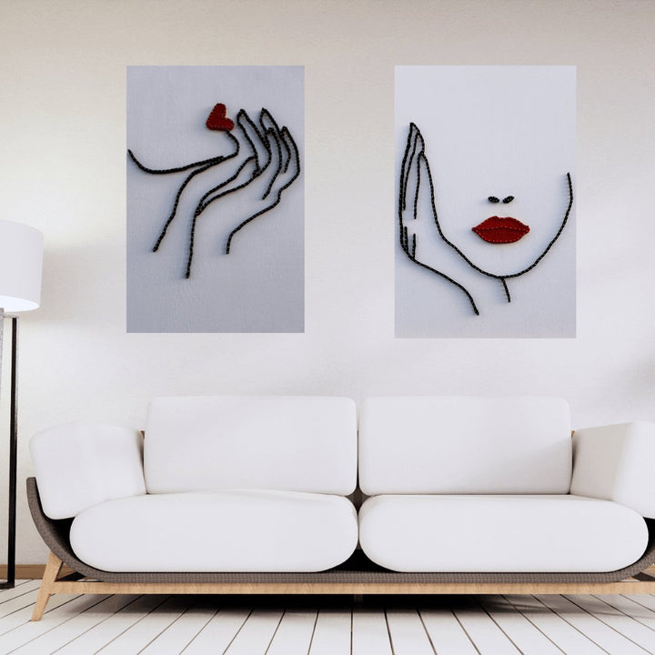 String Art & One Line Art Tablo - 2'li set Red Lips & Kiss