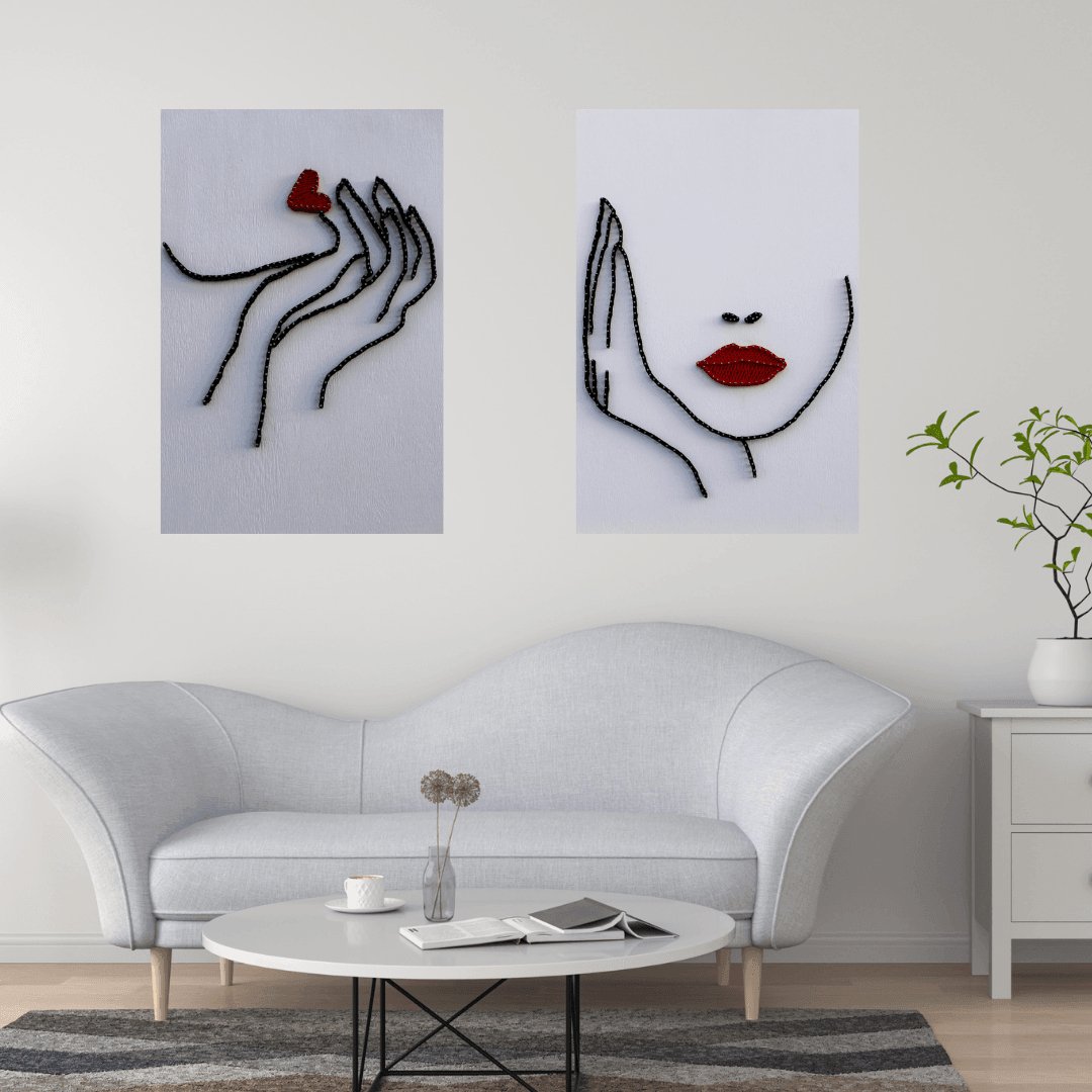 String Art & One Line Art Tablo - 2'li set Red Lips & Kiss