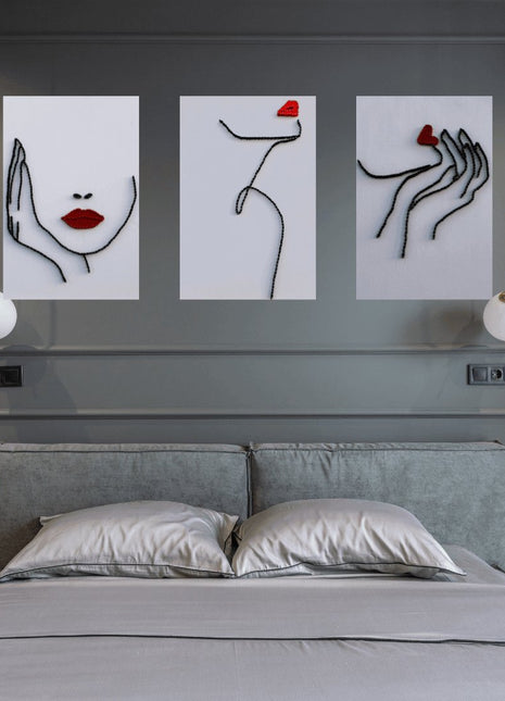 1çivi - String Art & One Line Art Tablo - 3'lü set Kiss & Confident & Red Lips - Tablo