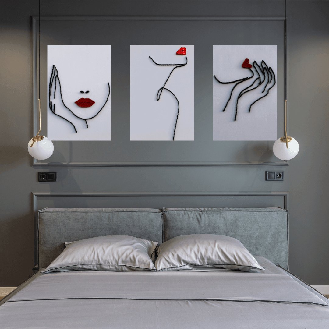 1çivi - String Art & One Line Art Tablo - 3'lü set Kiss & Confident & Red Lips - Tablo