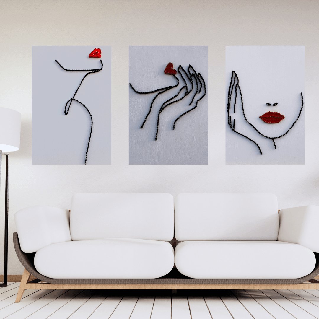 1çivi - String Art & One Line Art Tablo - 3'lü set Kiss & Confident & Red Lips - Tablo