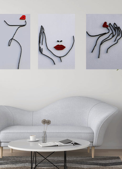 1çivi - String Art & One Line Art Tablo - 3'lü set Kiss & Confident & Red Lips - Tablo